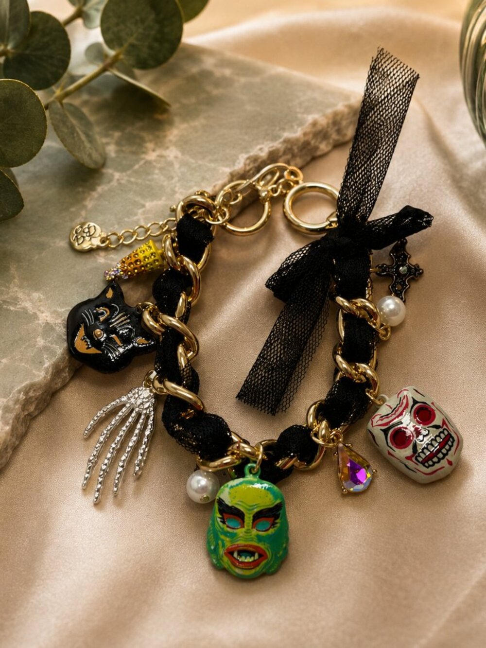 NWT Betsey Johnson Halloween Charm Bracelet Masks cat candy Corn skeleton unique